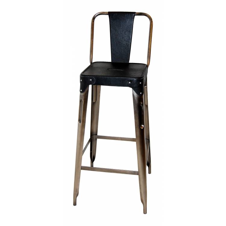 Železná barová stolička - Barová stolička železa - lesklé kovanie a čierna koža