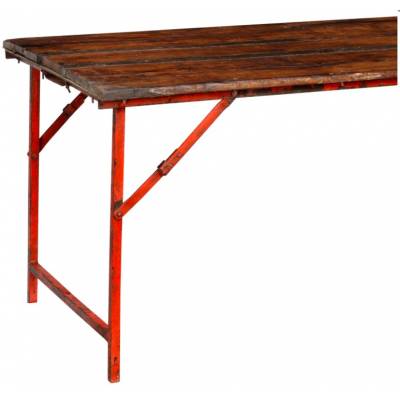Old console table with wooden top and orange/red base