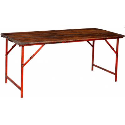 Starý konzolový stôl s drevenou doskou a oranžovou/červenou základňou