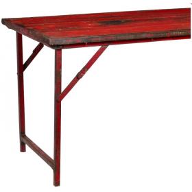 Old rustic console table with wooden top and iron base - red
