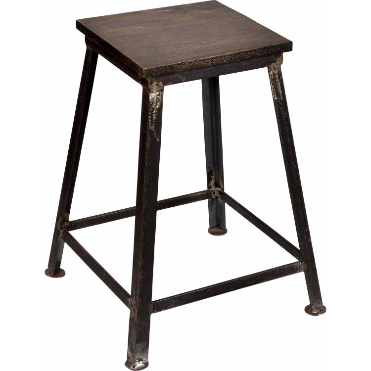 Iron stool with wooden seat and dark base