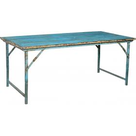 Jedálenský stôl s drevenou doskou a železnou základňou - tyrkysová