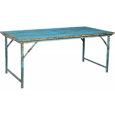 Jedálenský stôl s drevenou doskou a železnou základňou - tyrkysová
