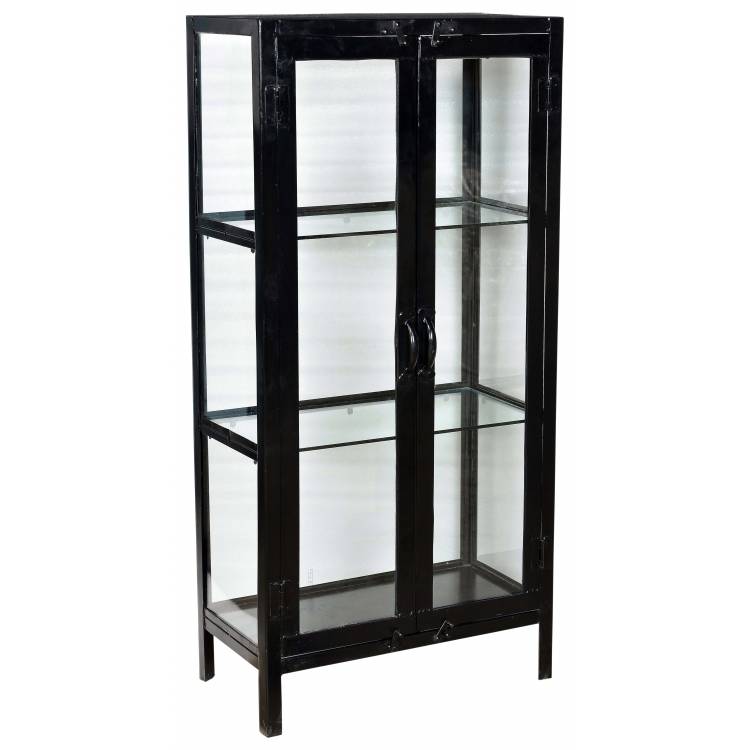 Iron and glass cabinet with 2 doors and 2 shelves - black