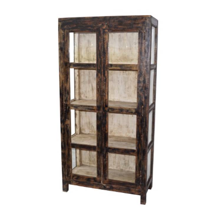 Wooden cabinet with 2 large glass doors - brown/cream
