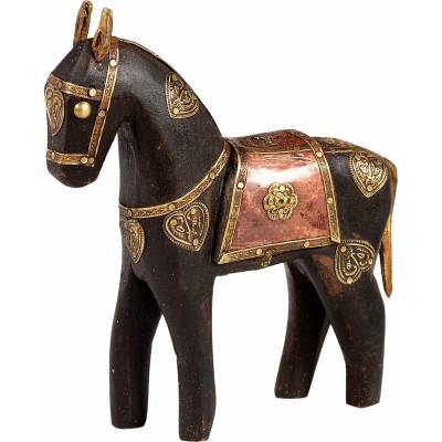 Pekný malý drevený kôň - starožitná čierna a zlatá s patinou