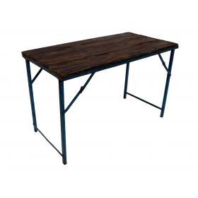 Old and rustic console table with wooden top and a blue iron base