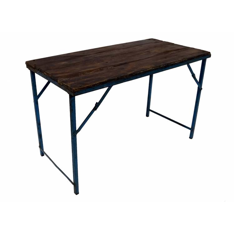 Starý konzolový stôl s drevenou doskou a modrou železnou základňou