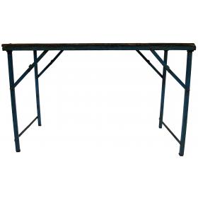 Starý konzolový stôl s drevenou doskou a modrou železnou základňou