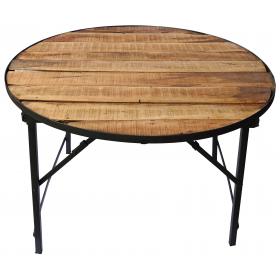 Okrúhly stôl s drevenou doskou a zelenou základňou