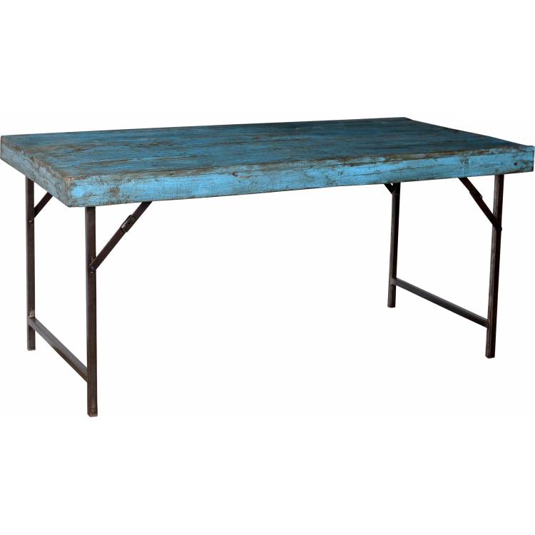Jedálenský stôl so starou tyrkysovou drevenou doskou a novou základňou